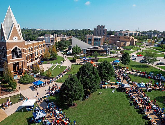 an aerial view of the courtyard outside gallagher student center