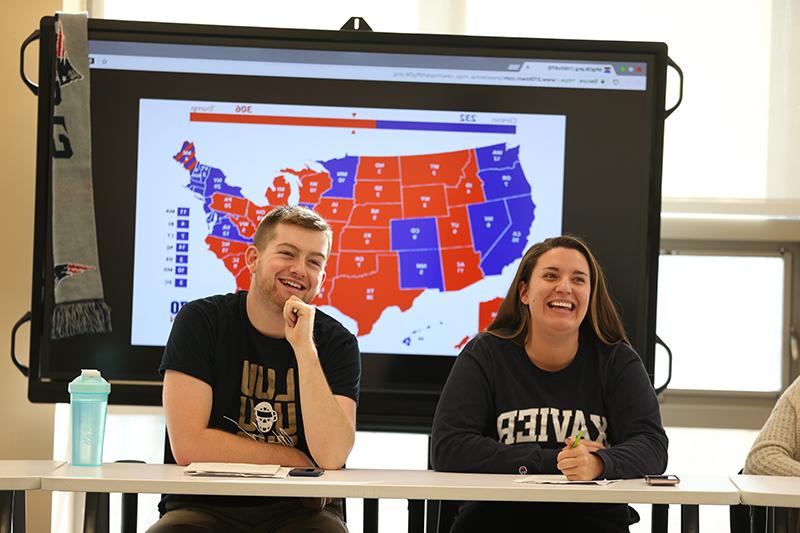Two students in classroom. Behind them is a map of the United states, with states filled in with blue or red colors.