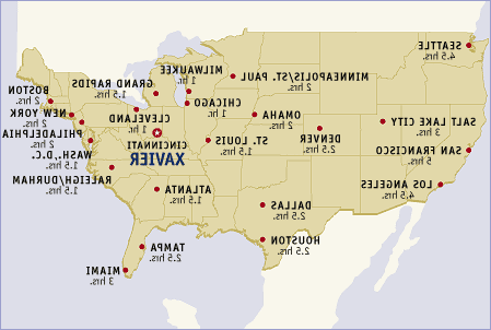 Map of the United States showing major cities and their flight time from Cincinnati