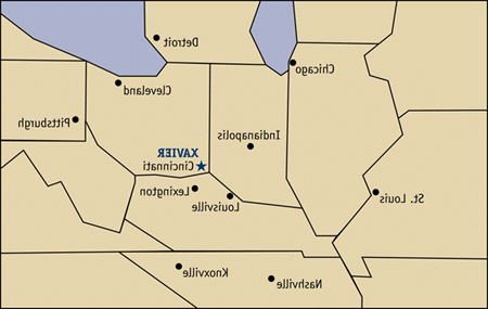 A map of the United States Midwest, showing Xavier's location in relation to major cities like Chicago and St. Louis